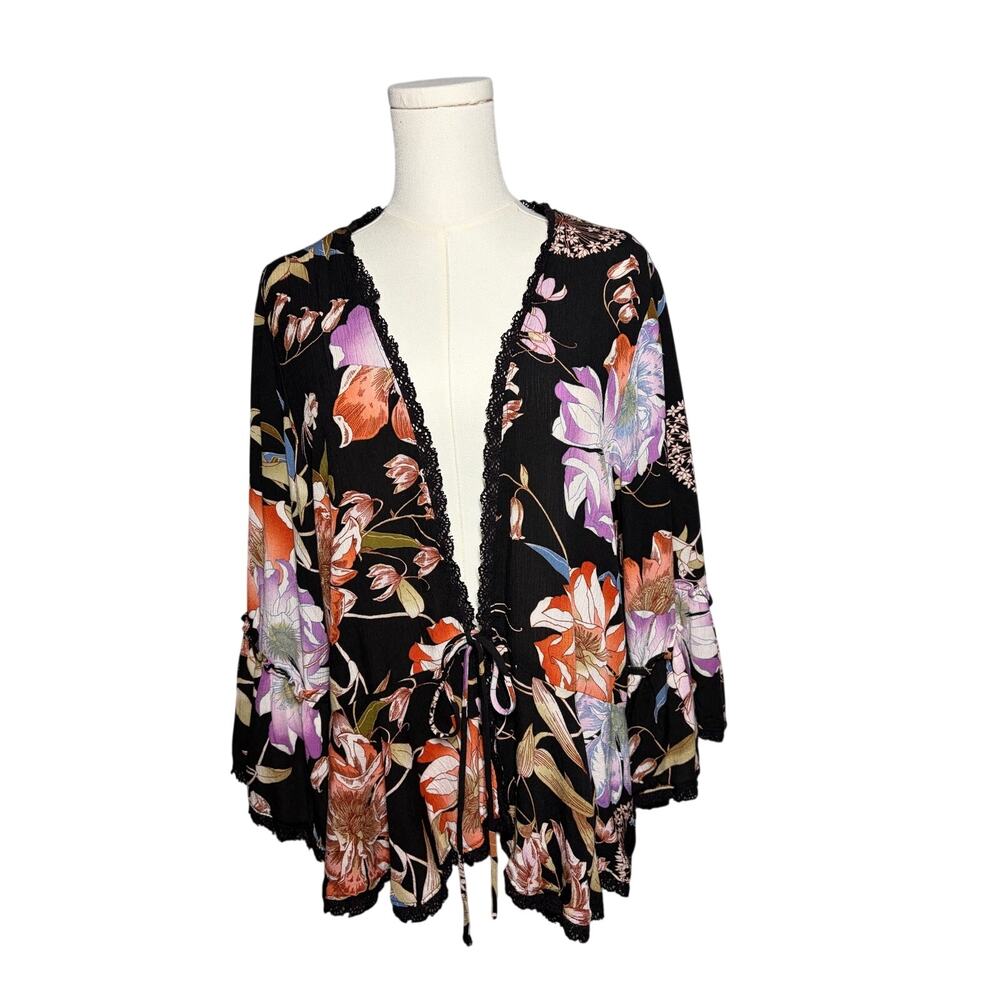 Knox Rose Black Floral Boho Kimono Top Sz S Festival